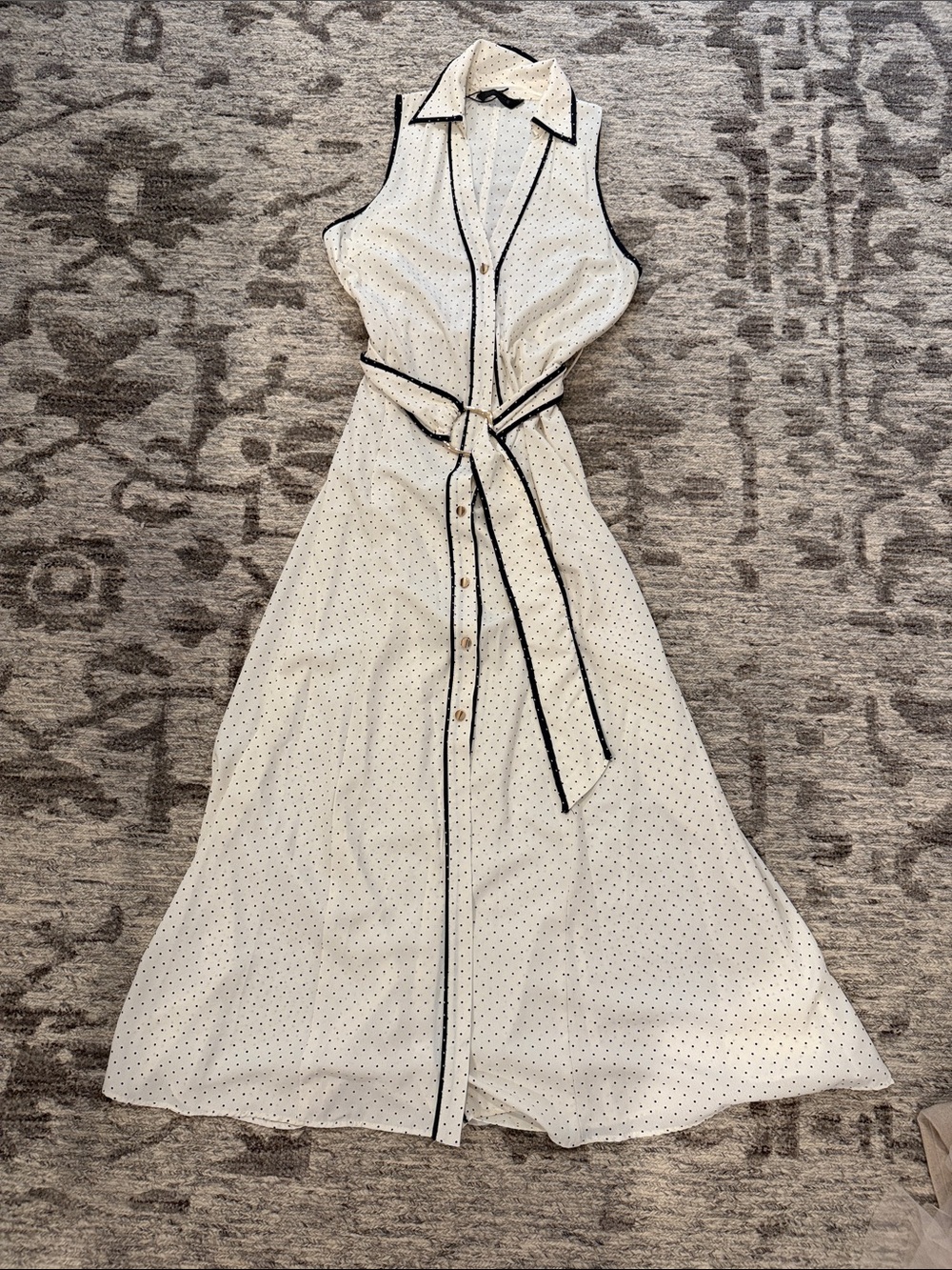 Zara White Sleeveless Polka Dot Button-Front Maxi Dress with Black Trim